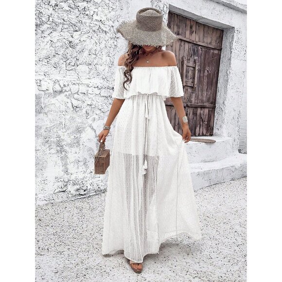 Swiss dot off the shoulder ruffle sheer maxi dress boho white - Picture 1 of 4